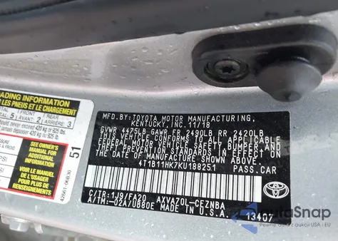 2019 Toyota Camry Le из США, поврежденный, VIN 4T1B11HK7KU188251